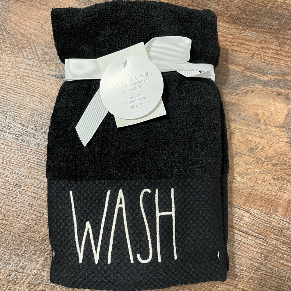 RAE DUNN Wash & Dry Hand Towel Set Black White Embroidered NEW NWT